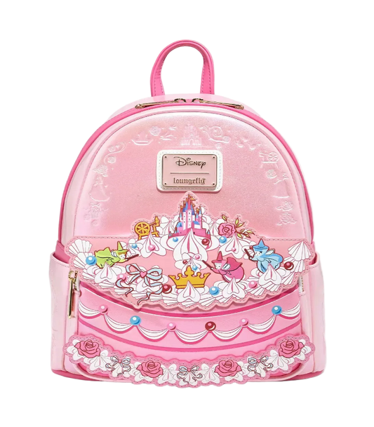 Pink backpack with Disney princess design on a white background
