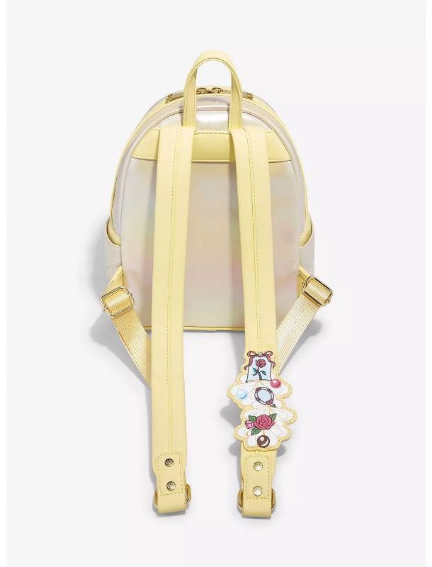 Clear backpack with yellow straps and a decorative strap on a white background