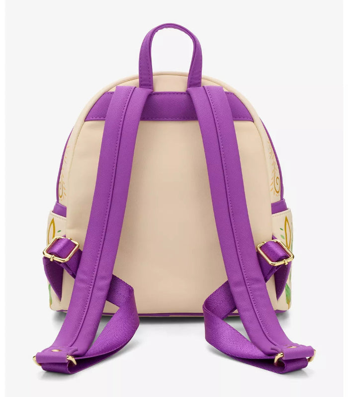 Backpack with purple straps and beige body on a white background