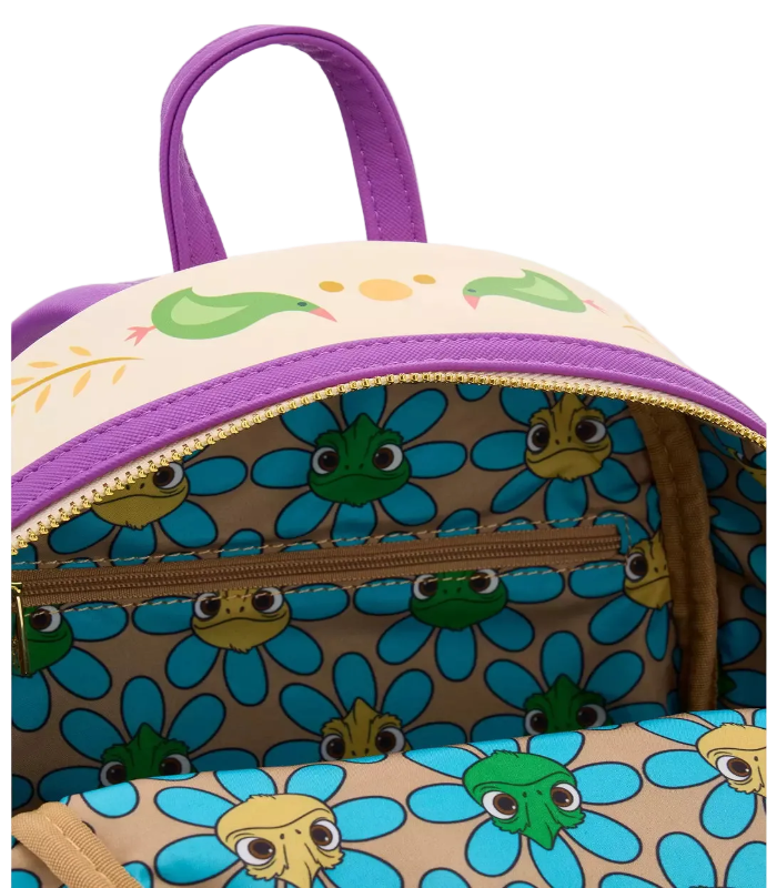 Backpack with colorful floral and animal pattern on a white background