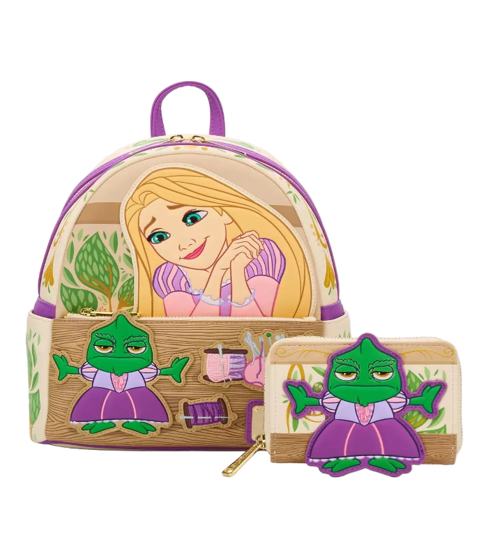 Backpack and wallet set with Rapunzel and Pascal design on a white background