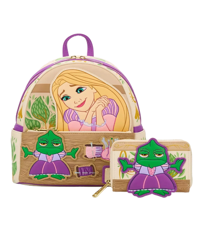 Backpack and wallet set with Rapunzel and Pascal design on a white background