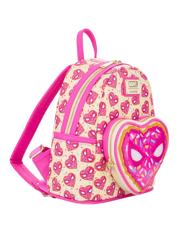 Pink and heart-patterned backpack with a donut design on a white background