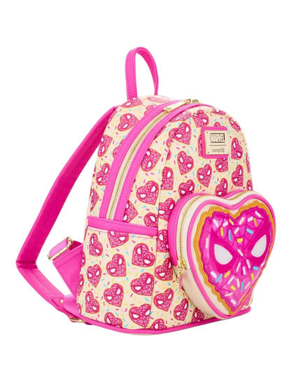 Pink and heart-patterned backpack with a donut design on a white background