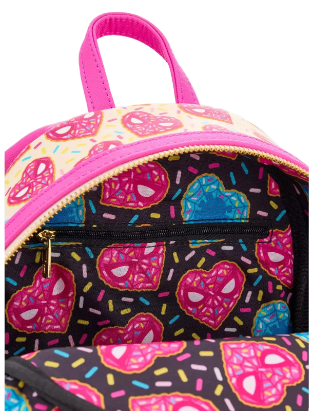 Backpack with colorful heart and donut pattern on a white background