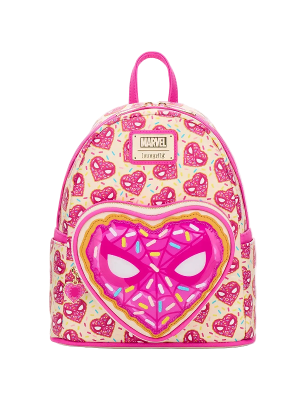 Pink backpack with heart design and Marvel logo on a white background