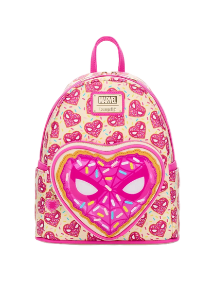 Pink backpack with heart design and Marvel logo on a white background