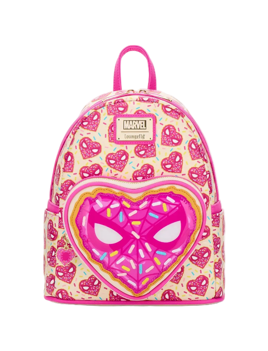 Pink backpack with heart design and Marvel logo on a white background