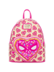 Pink backpack with heart design and Marvel logo on a white background