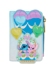 A light blue faux-leather wallet featuring a hot air balloon and heart design, with a front patch depicting Stitch and Angel in a basket, and a gold zipper pull.