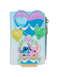 A light blue faux-leather wallet featuring a hot air balloon and heart design, with a front patch depicting Stitch and Angel in a basket, and a gold zipper pull.