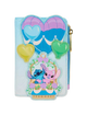 A light blue faux-leather wallet featuring a hot air balloon and heart design, with a front patch depicting Stitch and Angel in a basket, and a gold zipper pull.
