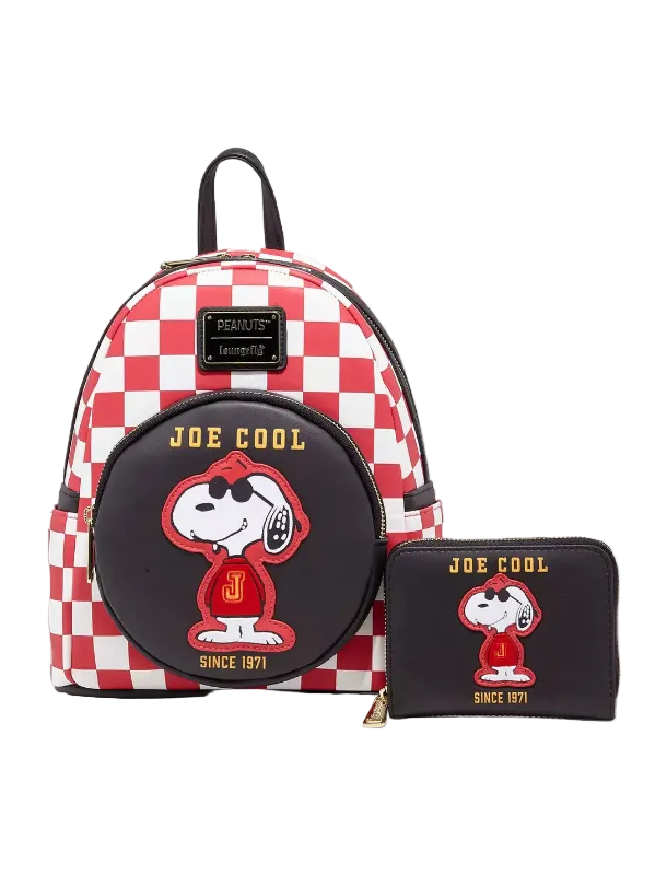 Checkered backpack with Snoopy design and 'Joe Cool' text on a white background