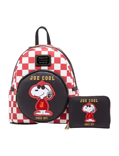 Checkered backpack with Snoopy design and 'Joe Cool' text on a white background