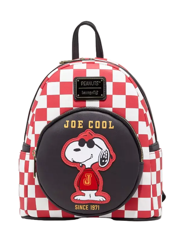 Red and white checkered backpack with Snoopy design on a white background