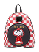 Red and white checkered backpack with Snoopy design on a white background