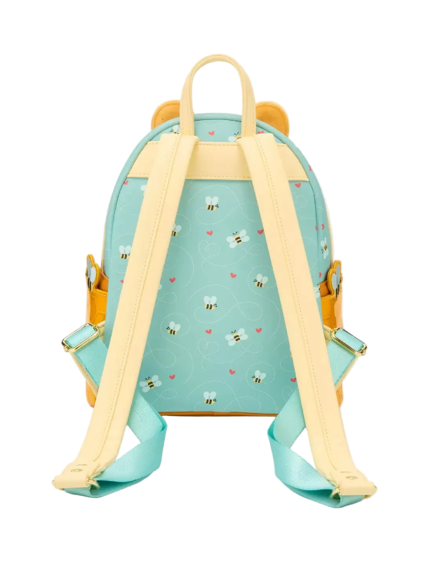 Backpack with bee pattern on a light blue background