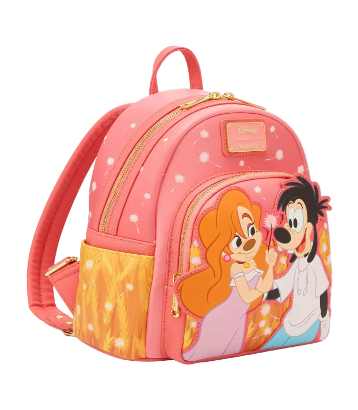 Pink backpack with cartoon characters on a white background