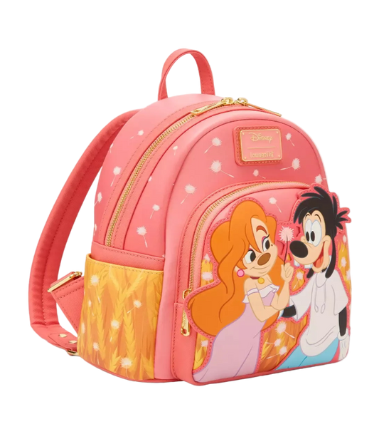 Pink backpack with cartoon characters on a white background