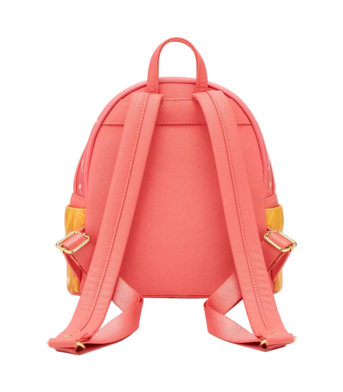 Coral backpack with yellow accents on a white background