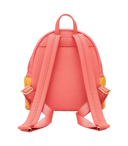 Coral backpack with yellow accents on a white background