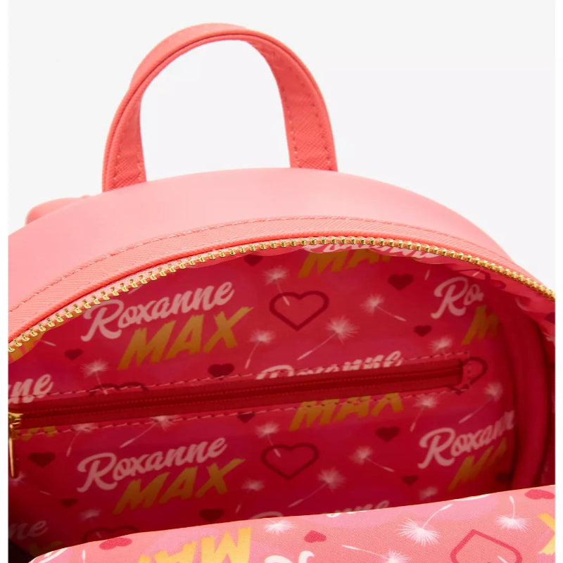 Pink backpack with 'Roxanne Max' pattern on a white background