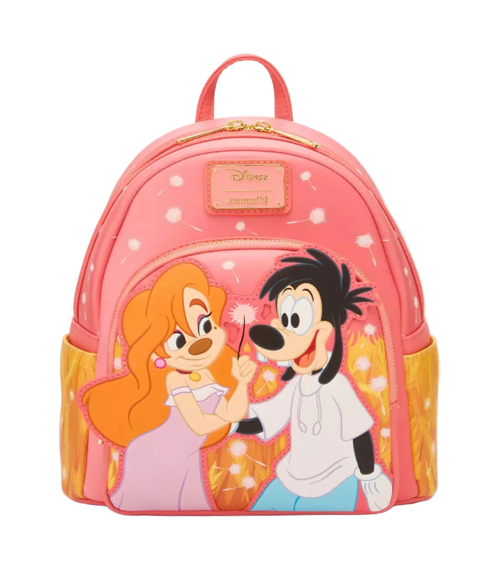 Pink backpack with cartoon characters on a white background
