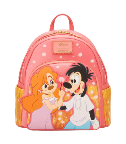 Pink backpack with cartoon characters on a white background