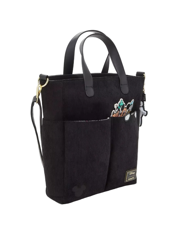 Black tote bag with colorful designs on a white background