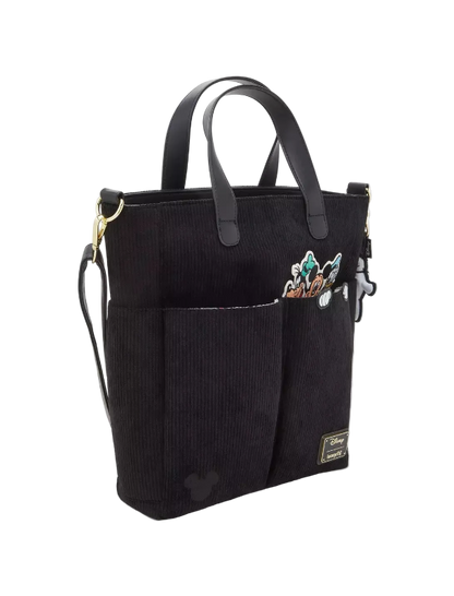 Black tote bag with colorful designs on a white background