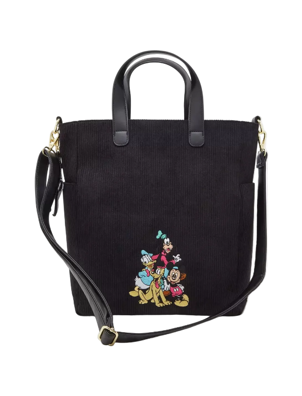 Black tote bag with embroidered cartoon characters on a white background