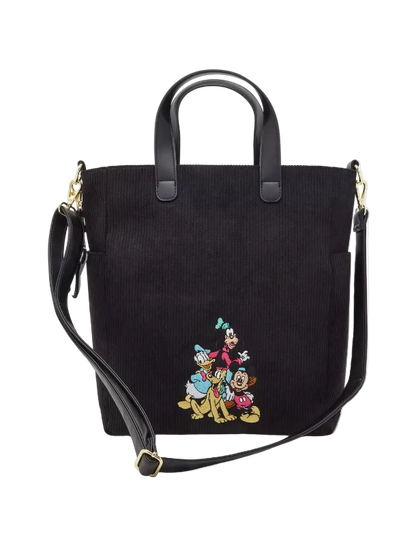 Black tote bag with embroidered cartoon characters on a white background