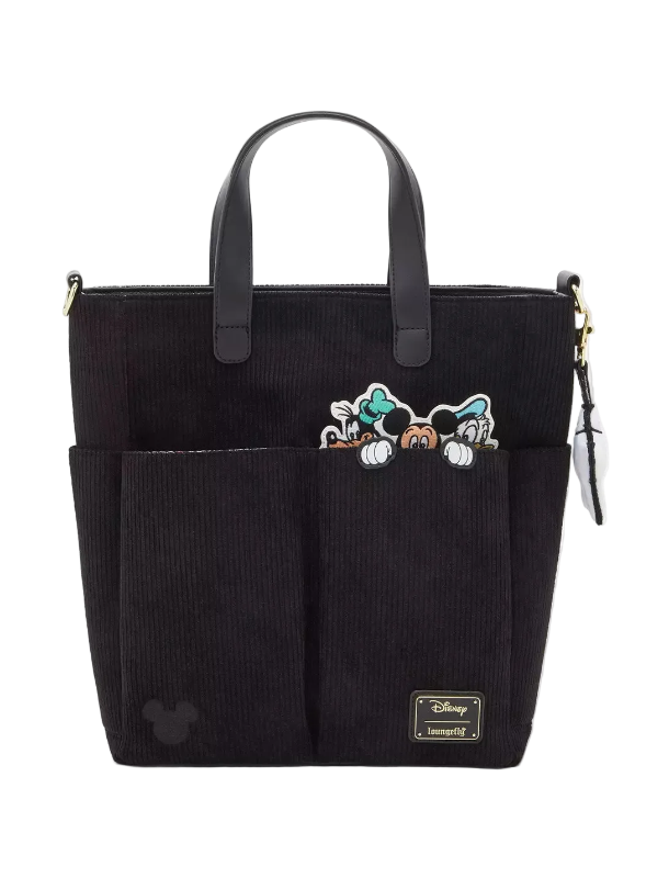 Black tote bag with character design and Disney logo on a white background