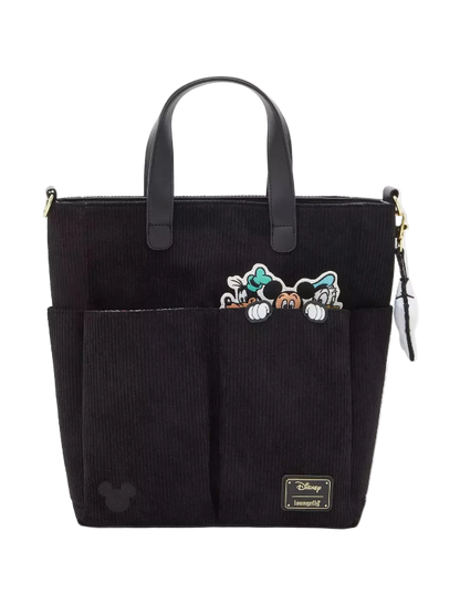 Black tote bag with character design and Disney logo on a white background