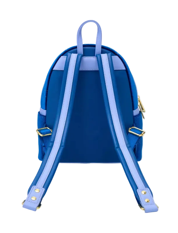 Blue backpack with light blue straps on a white background