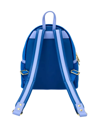Blue backpack with light blue straps on a white background