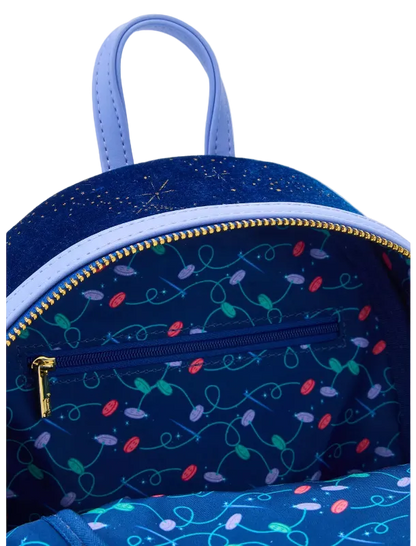 Blue backpack with colorful light bulb pattern on a white background