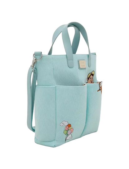 Light blue tote bag with cartoon character on a white background