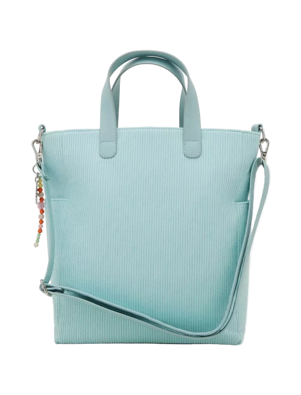 Light blue textured handbag with a strap on a white background