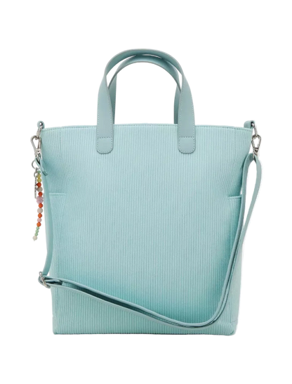 Light blue textured handbag with a strap on a white background