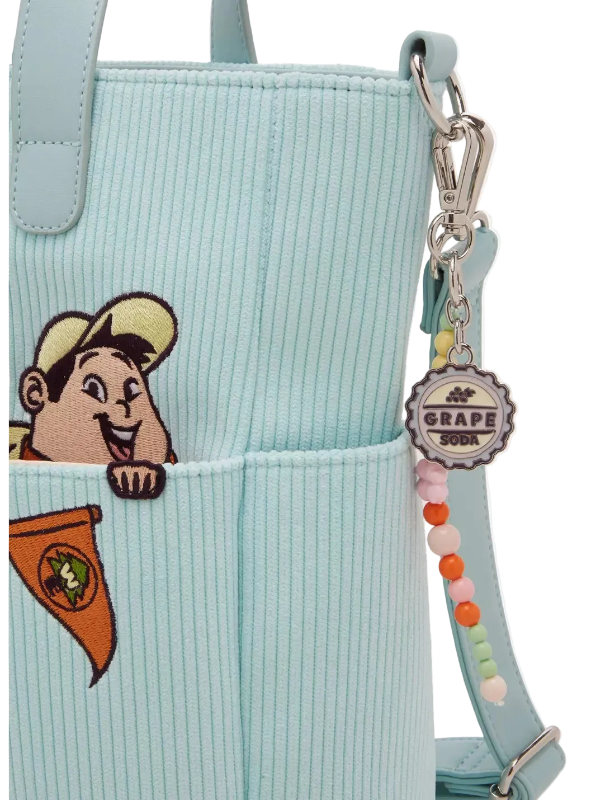 Light blue corduroy bag with cartoon character and colorful strap on a white background
