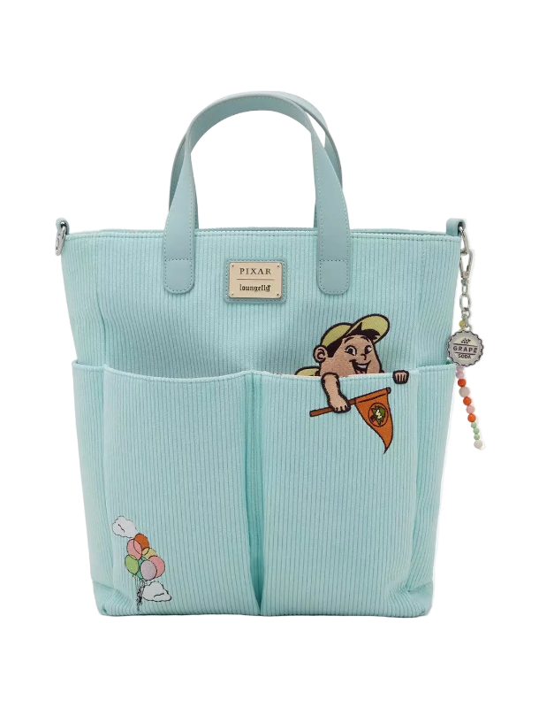 Light blue tote bag with character design on a white background
