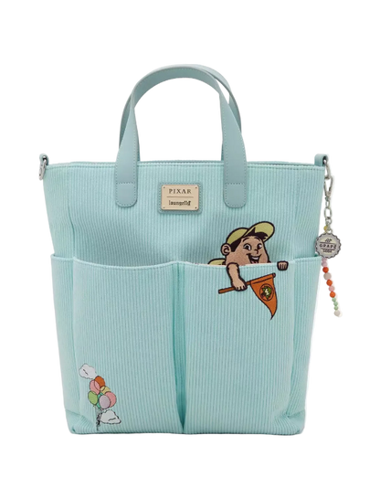 Light blue tote bag with character design on a white background