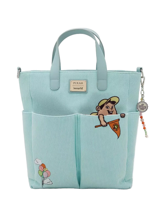 Light blue tote bag with character design on a white background