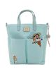 Light blue tote bag with character design on a white background