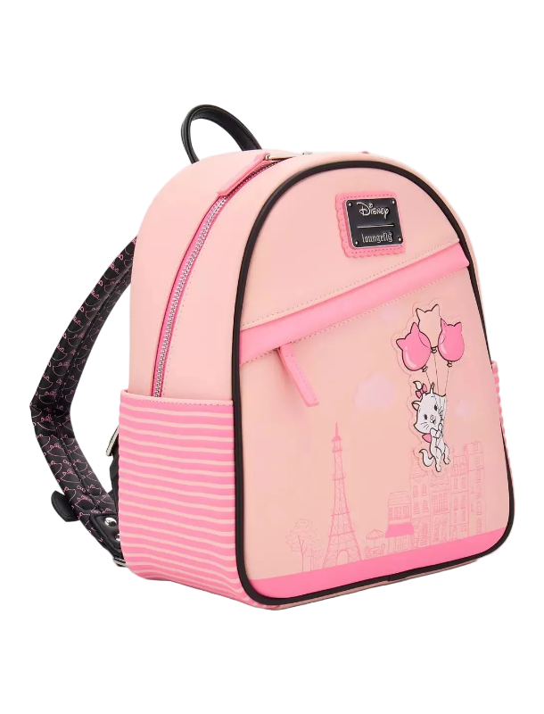 Pink backpack with cartoon design on a white background