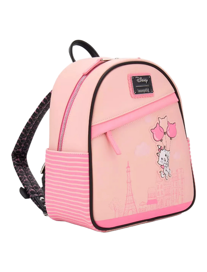 Pink backpack with cartoon design on a white background