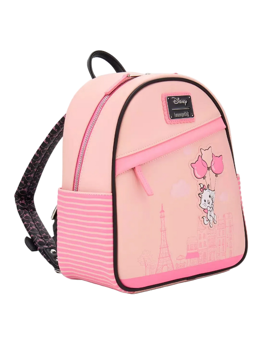Pink backpack with cartoon design on a white background