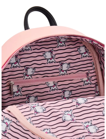 Pink backpack with cat pattern on a white background