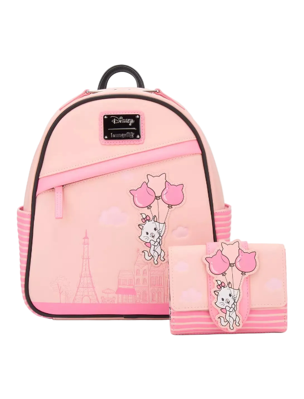 Pink backpack with cartoon design on a white background